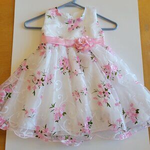 Young Girls White Sleeveless Round Neck Pink Floral Dress - Girls Size 110 (4T)
